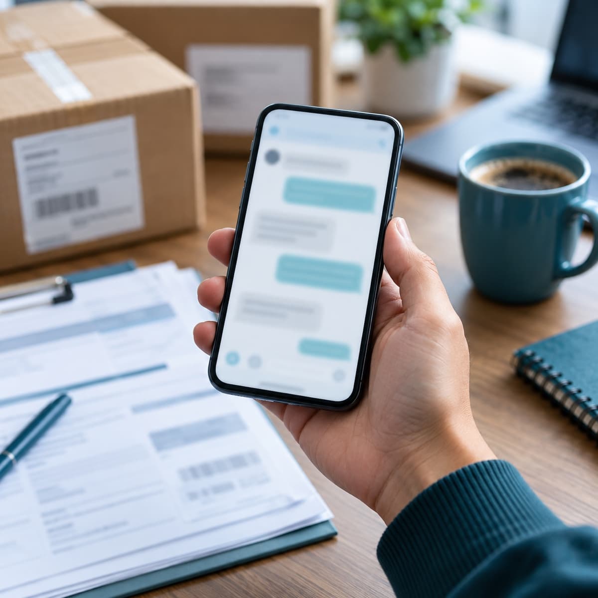 Mão segurando um celular com uma conversa aberta, sobre uma mesa com documentos de embarque